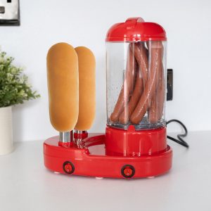 A red countertop hot dog steamer and bun warmer machine in a kitchen.