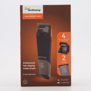 Product packaging box for the Paul Anthony Pro Series P300 USB-C Lithium cordless hair clipper, showing a prominent image of the trimmer with its digital battery life display.