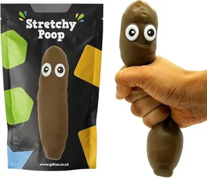 A "Stretchy Poop" novelty stress relief toy, showing the black product packaging bag next to a hand squeezing and stretching the brown emoji-style toy.