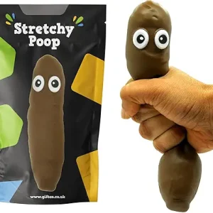 A "Stretchy Poop" novelty stress relief toy, showing the black product packaging bag next to a hand squeezing and stretching the brown emoji-style toy.