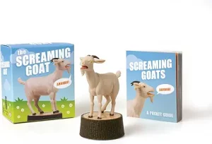 The Screaming Goat novelty gift kit on a white background, featuring a blue product box, a small beige goat figurine standing on a brown tree stump base, and a matching pocket guide book.