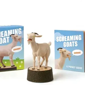 The Screaming Goat novelty gift kit on a white background, featuring a blue product box, a small beige goat figurine standing on a brown tree stump base, and a matching pocket guide book.