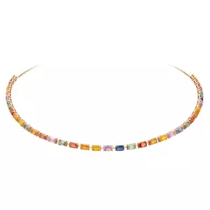 A Natkina Baguette Choker Multi Sapphire Necklace crafted in 18K rose gold and set with emerald-cut multi-colored sapphires in a gradient rainbow pattern.