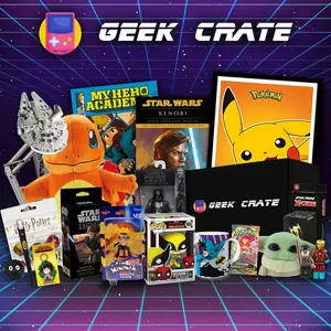 A variety of geeky collectibles and merchandise from a Geek Crate subscription box, featuring popular franchises like Pokémon, Star Wars, Marvel, and Naruto.