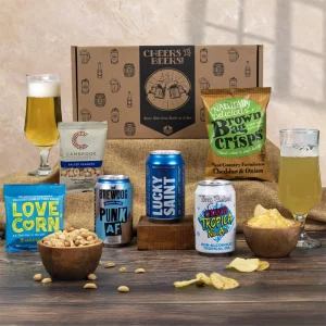 A premium alcohol-free craft beer selection and savory snack gift hamper presentation.
