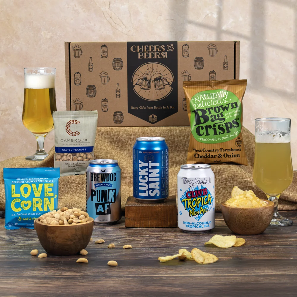 A premium alcohol-free craft beer selection and savory snack gift hamper presentation.