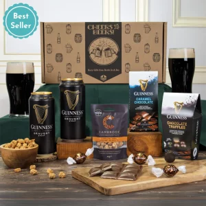 A best-selling Guinness stout, luxury truffle, and gourmet chocolate gift hamper presentation.