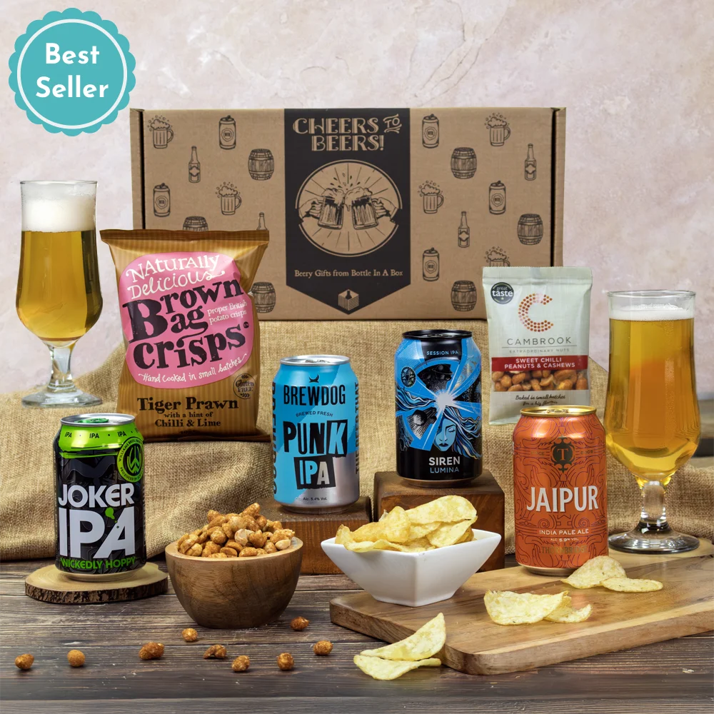 A best-selling craft beer selection and savory snack gift hamper presentation.