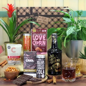 A premium Dead Man’s Fingers spiced rum and savory snack gift hamper presentation.