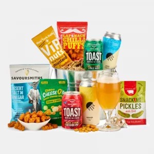 A premium craft beer and gourmet savory snack hamper selection.