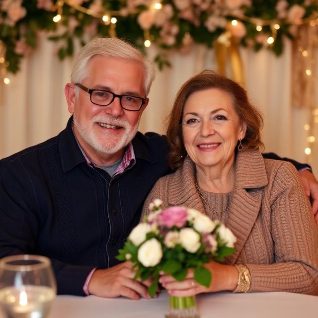 A smiling senior couple posing together at a decorated celebration dinner table.
