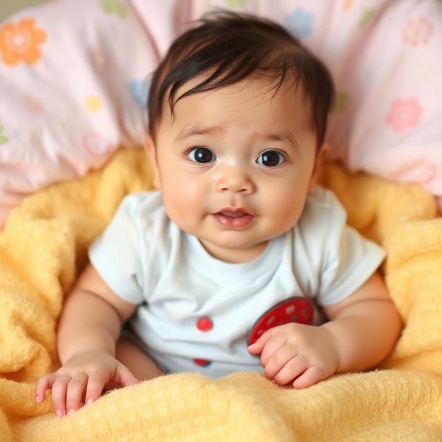 A close-up portrait of a wide-eyed baby sitting wrapped in a soft yellow blanket.