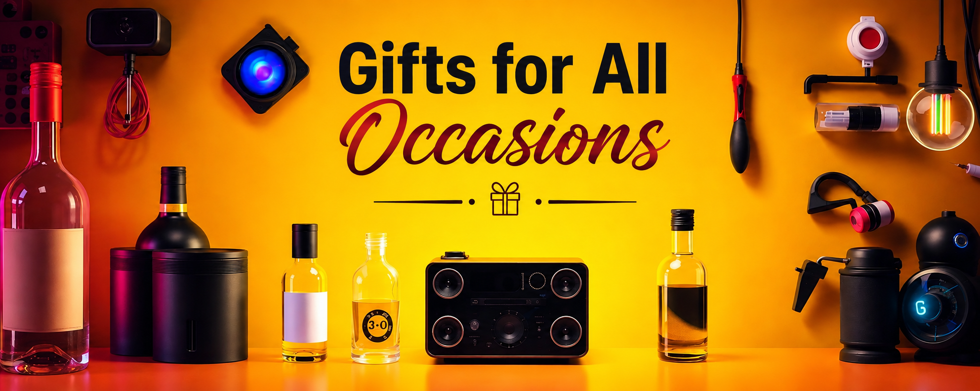 A vibrant yellow banner displaying the text "Gifts for All Occasions," surrounded by a curated selection of modern lifestyle gifts, tech gadgets, and premium bottled beverages.