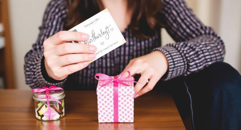 A close-up of a woman opening a pink polka-dot birthday gift and holding a small greeting card.
