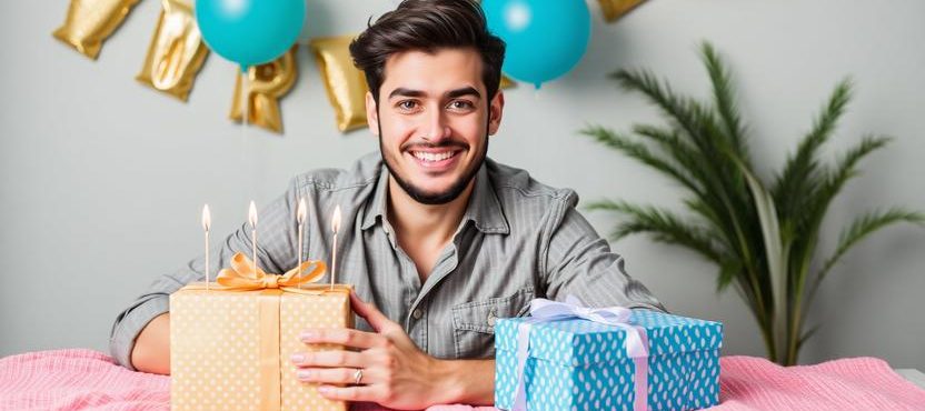 A happy young man celebrating a birthday at a table featuring wrapped polka-dot gift boxes with lit candles, colorful party balloons, and festive decorations.