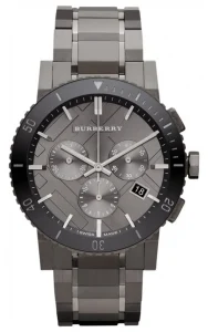 Burberry The City men's gunmetal grey stainless steel chronograph watch with a matching grey dial.