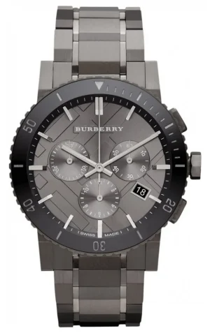 Burberry The City men's gunmetal grey stainless steel chronograph watch with a matching grey dial.