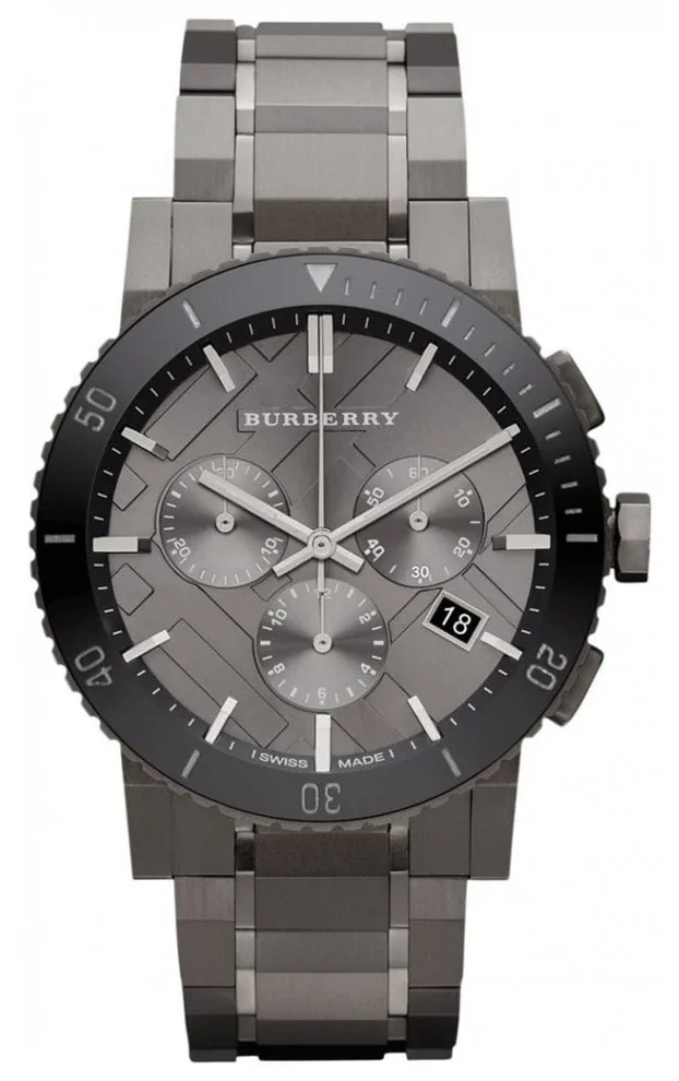 Burberry The City men's gunmetal grey stainless steel chronograph watch with a matching grey dial.