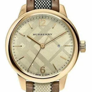 Burberry The Classic Round women's gold-tone luxury watch with a Nova Check dial and check-patterned fabric and leather strap.