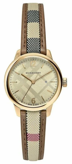 Burberry The Classic Round women's gold-tone luxury watch with a Nova Check dial and check-patterned fabric and leather strap.