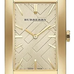 Burberry The Pioneer women's gold-tone rectangular watch featuring a champagne check dial and a matching check fabric strap.
