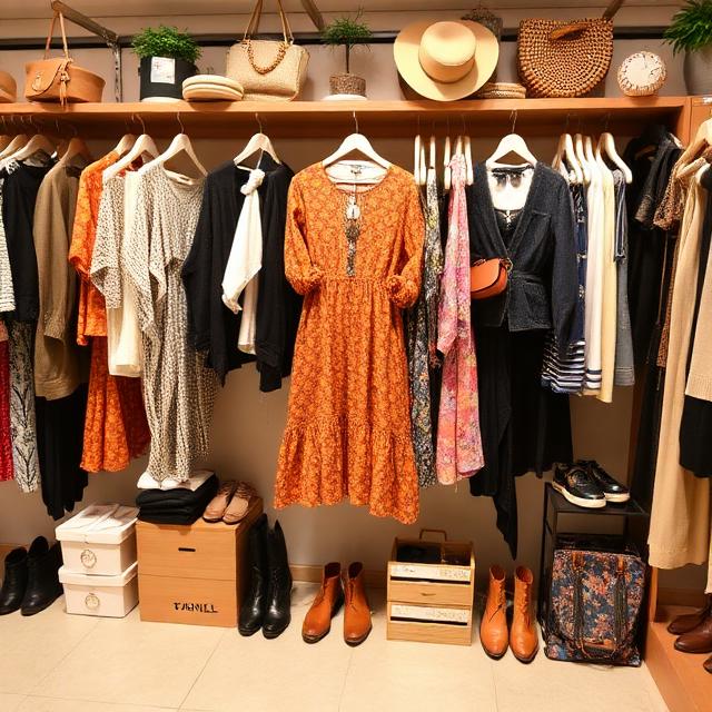 A well-organized boutique closet display featuring bohemian-style dresses, sweaters, bags, and shoes.