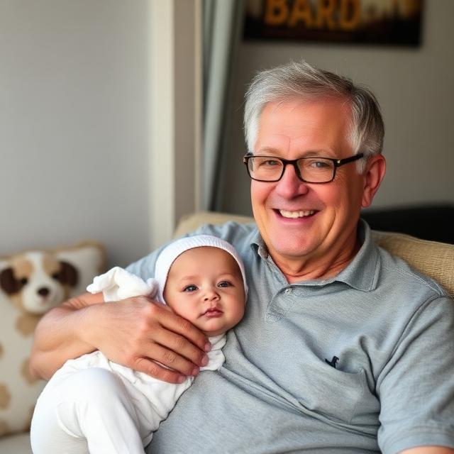 A smiling, senior man with glasses cradling a baby wearing a white cap.