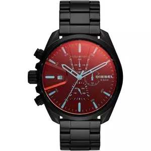 Diesel MS9 men's black stainless steel chronograph watch with a striking red dial.