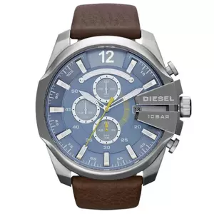 Diesel Mega Chief men's oversized chronograph watch with a blue dial and a brown leather strap.