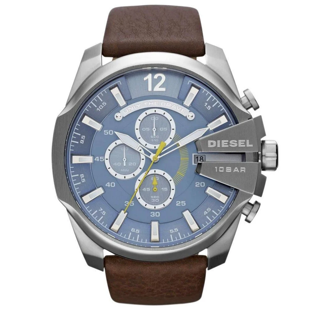 Diesel Mega Chief men's oversized chronograph watch with a blue dial and a brown leather strap.