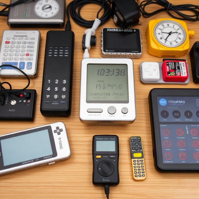 An assortment of retro electronic gadgets, including old mobile phones, calculators, digital timers, and a handheld game console on a wooden surface.