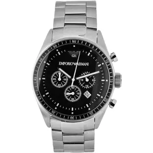 Emporio Armani silver stainless steel men's chronograph watch with a black dial.