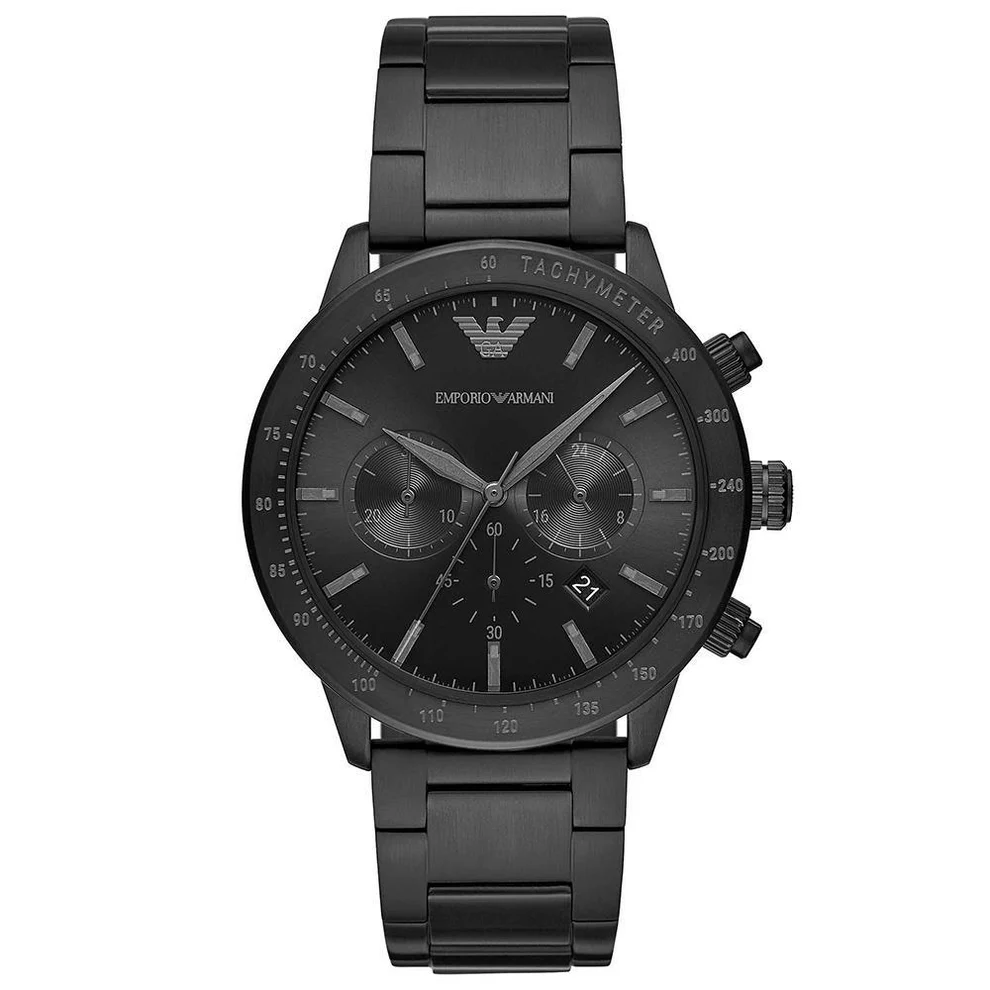 Emporio Armani Mario men's all-black chronograph watch with a matte black steel link bracelet.
