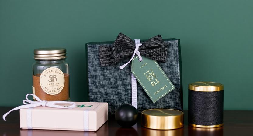 A luxury dark green and gold curated gift box set on a dark wooden table.