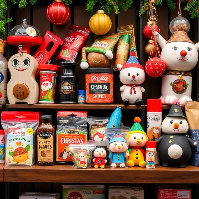 A wooden shelf packed with Christmas-themed items, including stuffed snowmen, holiday snacks, spices, and festive decorations hanging from pine greenery.