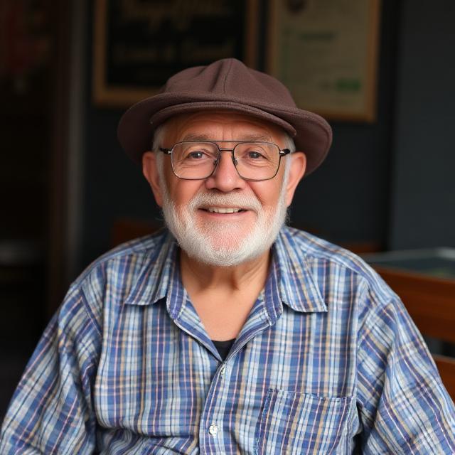 A smiling senior man with a white beard and glasses, wearing a brown flat cap and a blue plaid shirt.