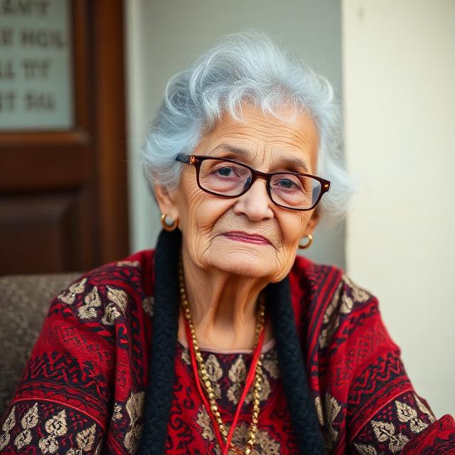 A close-up portrait of an elderly woman with silver hair and glasses, wearing a red patterned top.