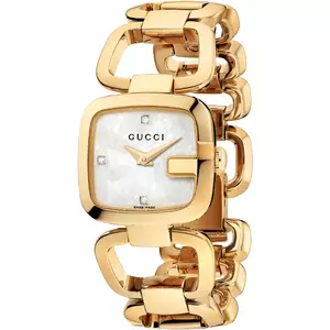 G-Gucci women's gold-tone luxury dress watch with a square mother-of-pearl dial.