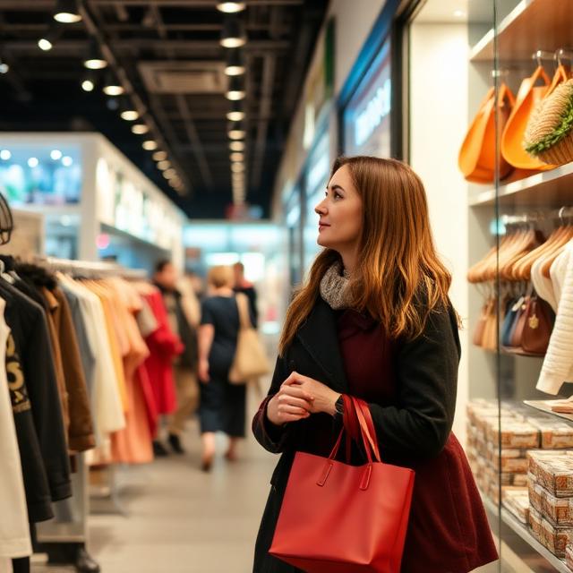 A woman holding a red shopping bag looks up at a store display inside a clothing boutique.