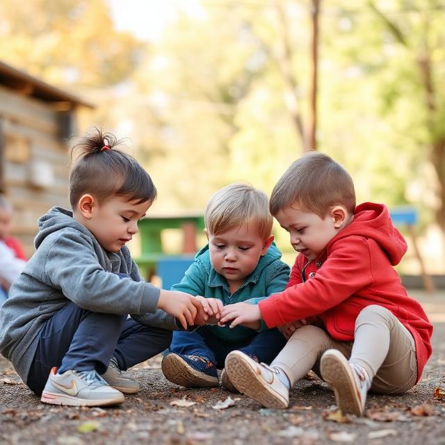 Three young toddlers sit together on the ground outdoors, closely inspecting something held in their hands.