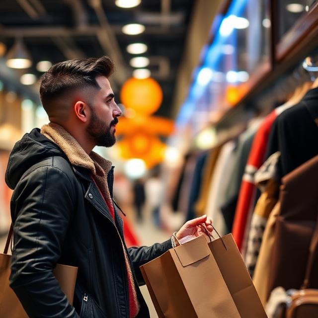 A young man with a styled fade haircut and beard browses a clothing rack in a well-lit apparel store while holding brown paper shopping bags.