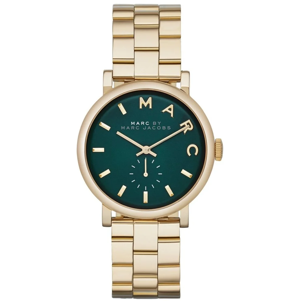Marc Jacobs Baker women's gold-tone stainless steel watch with a deep forest green dial.