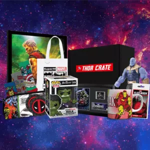 A collection of Marvel merchandise from a Thor Crate subscription box, featuring iconic characters like Hulk, Thanos, Iron Man, Deadpool, and Thor.