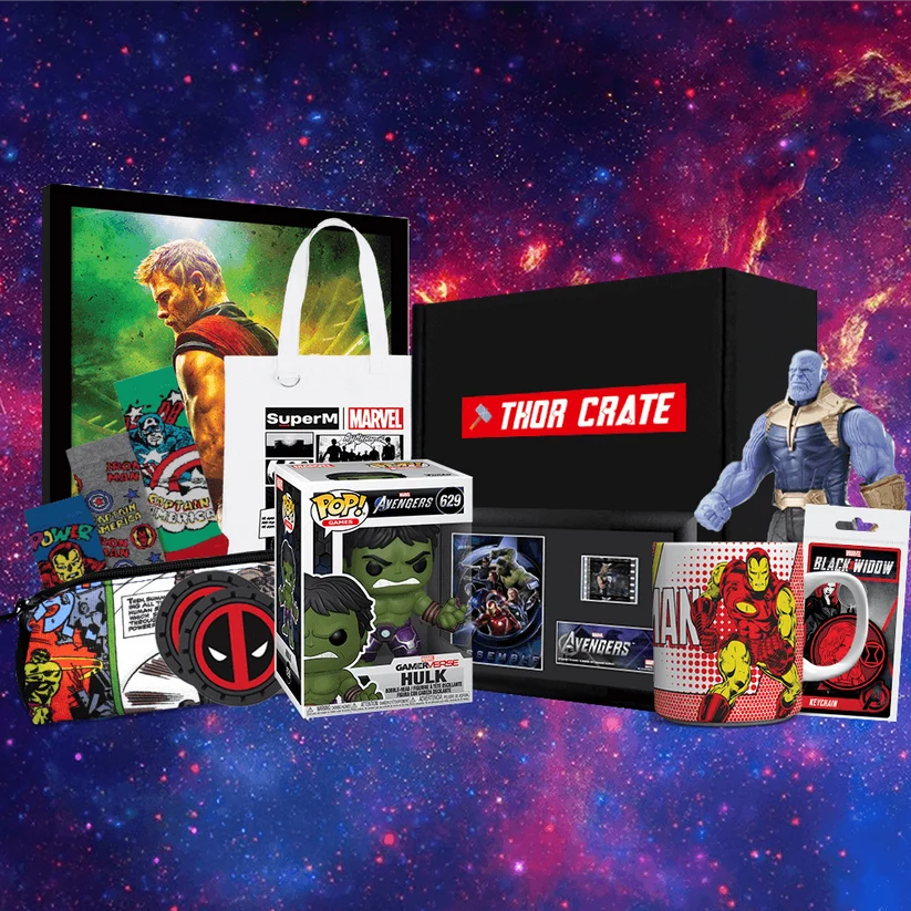 A collection of Marvel merchandise from a Thor Crate subscription box, featuring iconic characters like Hulk, Thanos, Iron Man, Deadpool, and Thor.