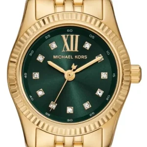 Michael Kors Petite Lexington women's gold-tone stainless steel watch with an emerald green dial.