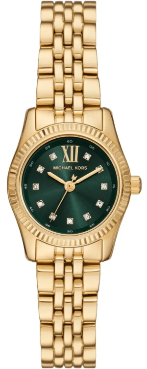 Michael Kors Petite Lexington women's gold-tone stainless steel watch with an emerald green dial.