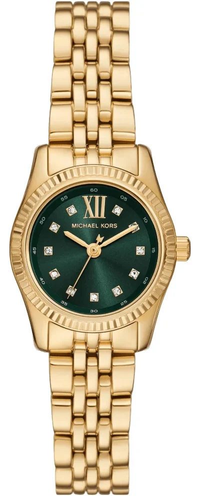 Michael Kors Petite Lexington women's gold-tone stainless steel watch with an emerald green dial.