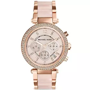 Michael Kors Parker women's rose gold-tone chronograph watch with crystal accents and a blush pink center link bracelet