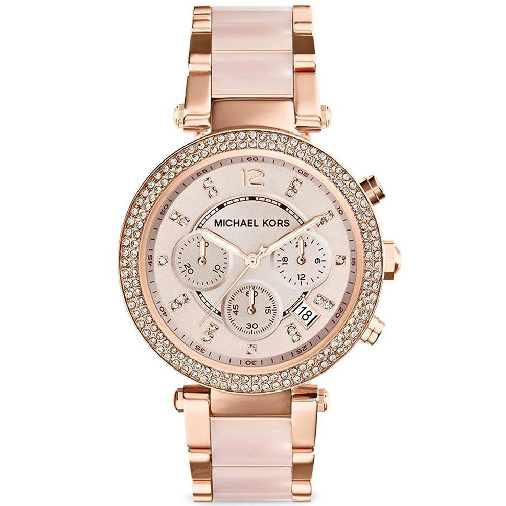 Michael Kors Parker women's rose gold-tone chronograph watch with crystal accents and a blush pink center link bracelet