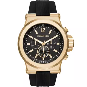 Michael Kors Dylan men's gold-tone chronograph watch with a black dial and black silicone strap.